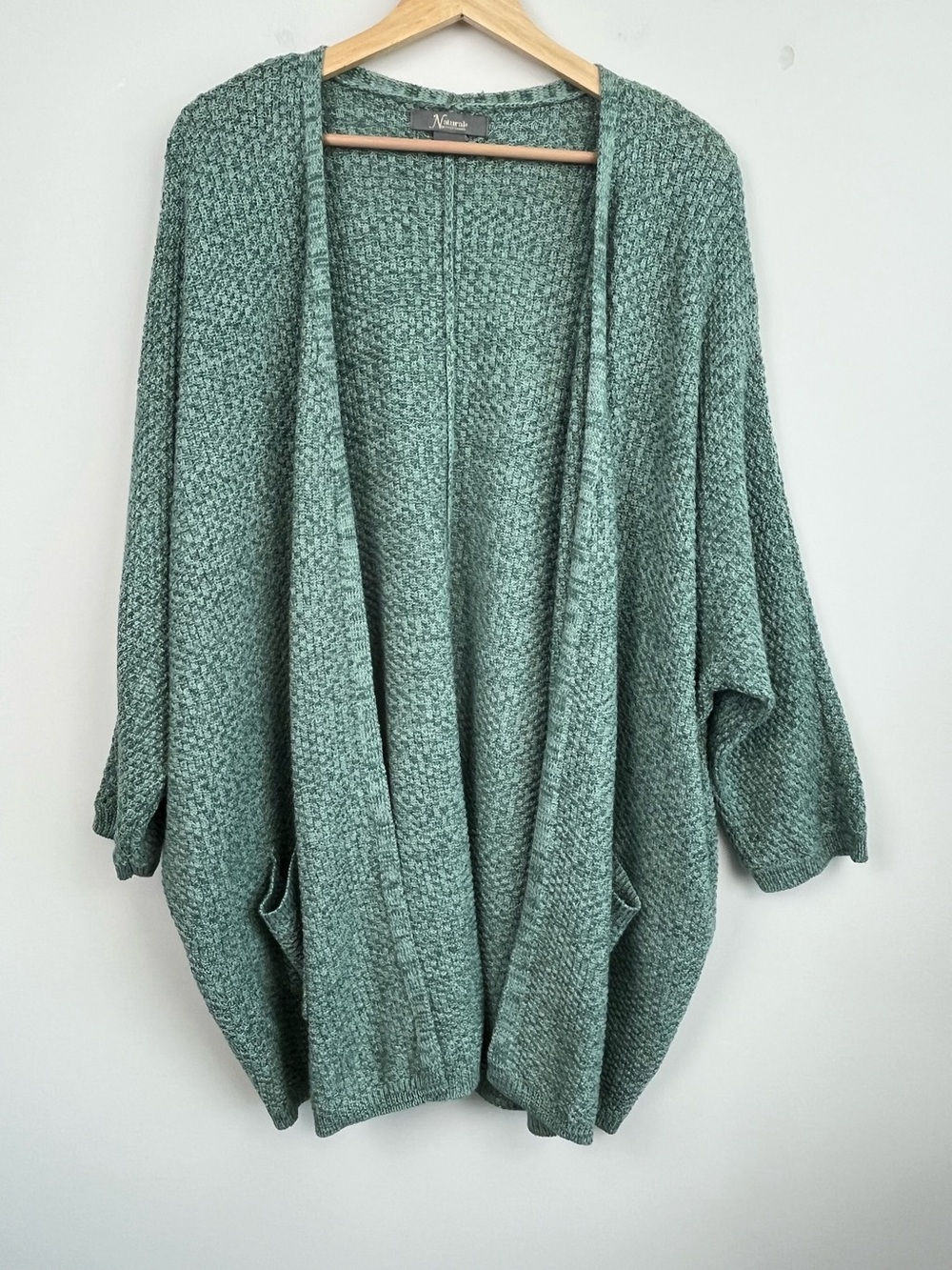 Natural Reflections green poly blend dolman sleeve open front cardigan, XL.
